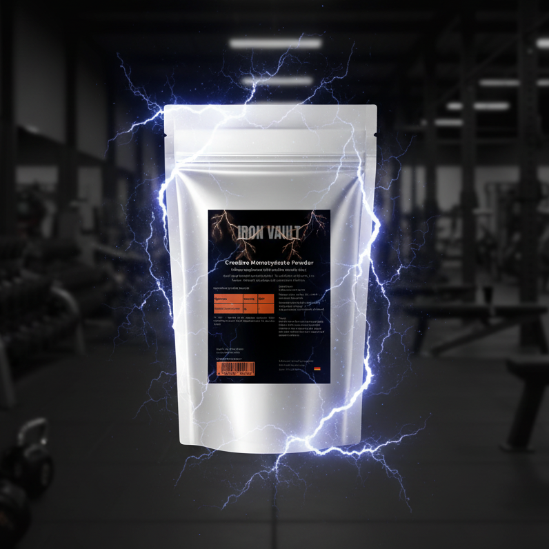 Creatine Monohydrate with dark background and lightning