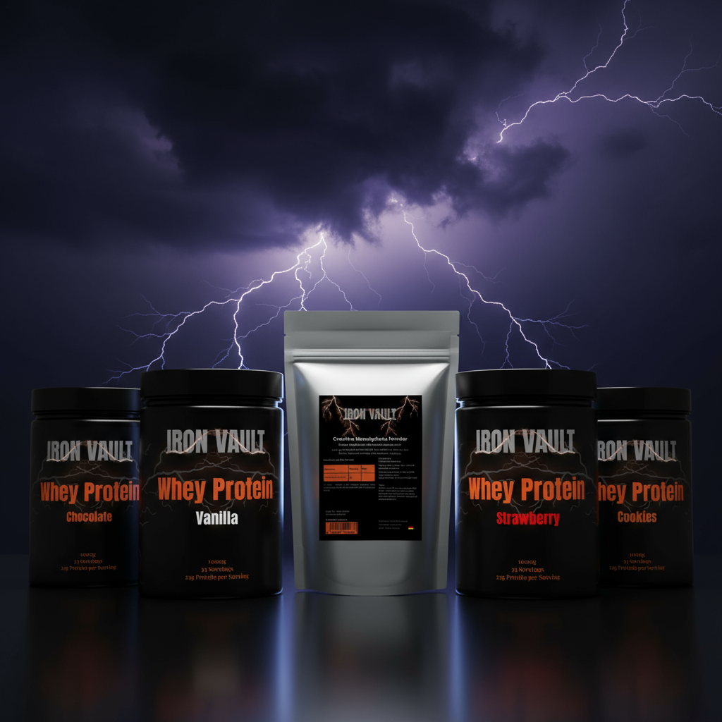 Premium supplement collection with Creatine and lightning background